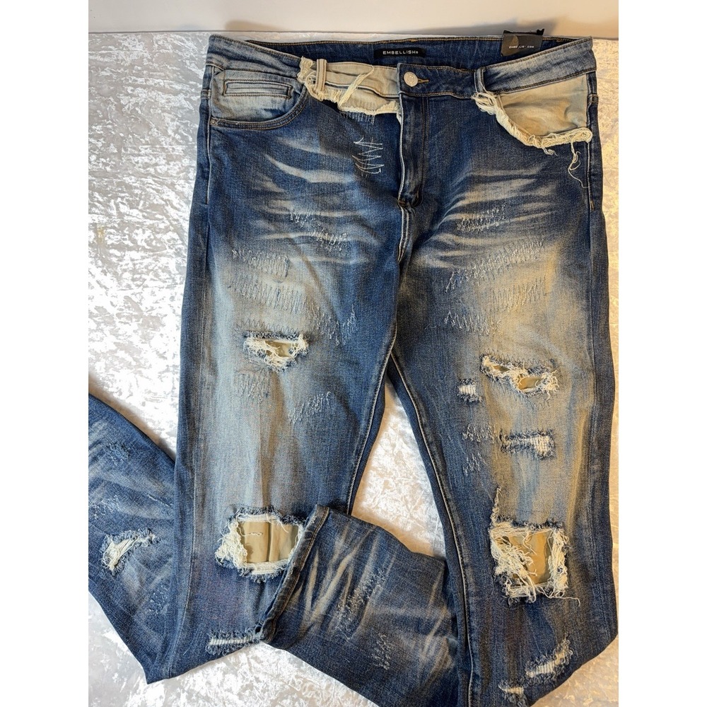 Embellish Men's Distressed Skinny Jeans NWT 40x33 Stretch Ripped Denim Blue